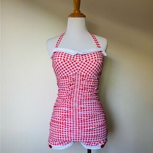 Red and White Gingham Halter One-Piece Swimsuit